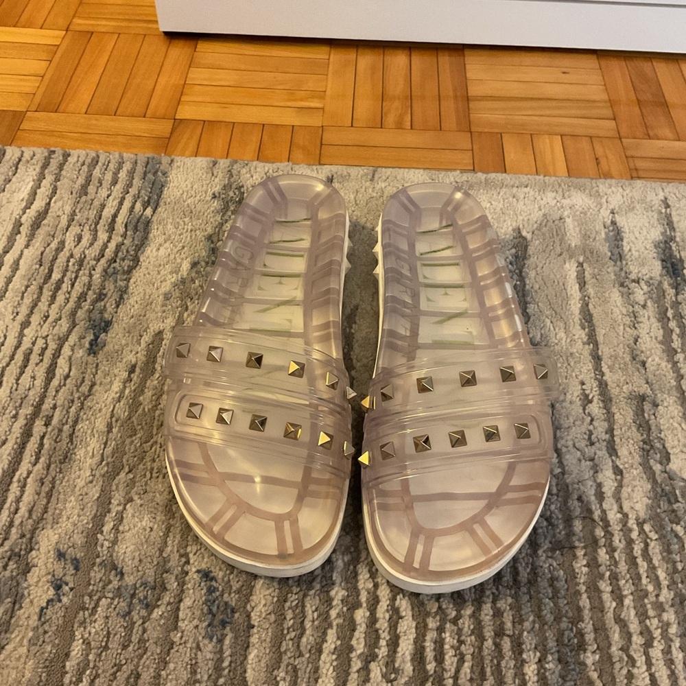 Valentino Garavani Clear Jelly Slide Sandals with Gold Rockstuds